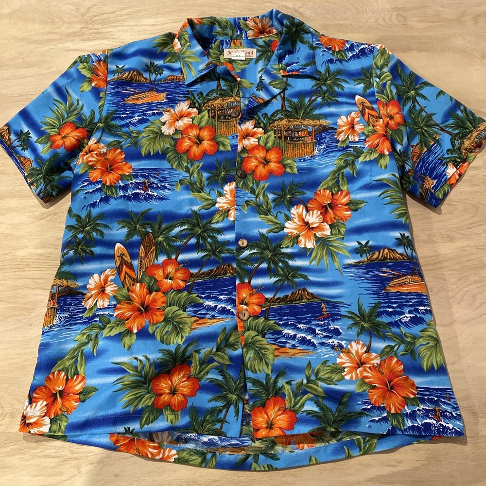 Koko‎ Head Hawaiian Shirt Blue Men's M Orange Hibiscus Button Down Short Sleeve